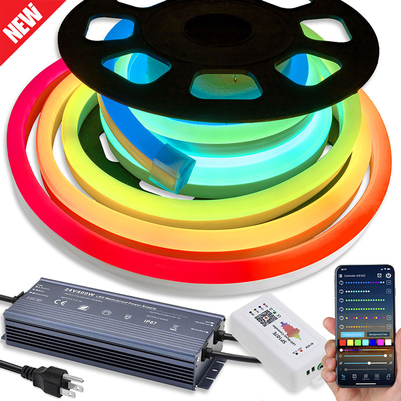 16-65Ft Addressable RGB Neon Light Kit, Dream Color Waterproof IP68 DC24V WS2811 | TM1934 Custom Flex Neon Rope For Pool Trucks Lighting